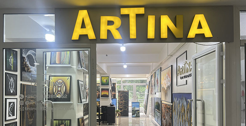 Close-up of textured canvas artwork at Artina Gallery